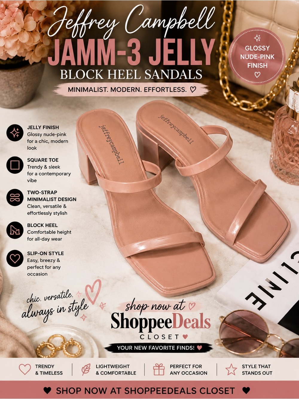 Jeffrey Campbell Jamm-3 Jelly Block Heel Sandals – Women’s Size 8– Nude Pink